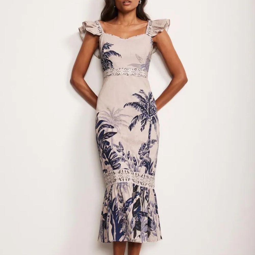 New Mint Velvet Palm Print Linen Midi Dress